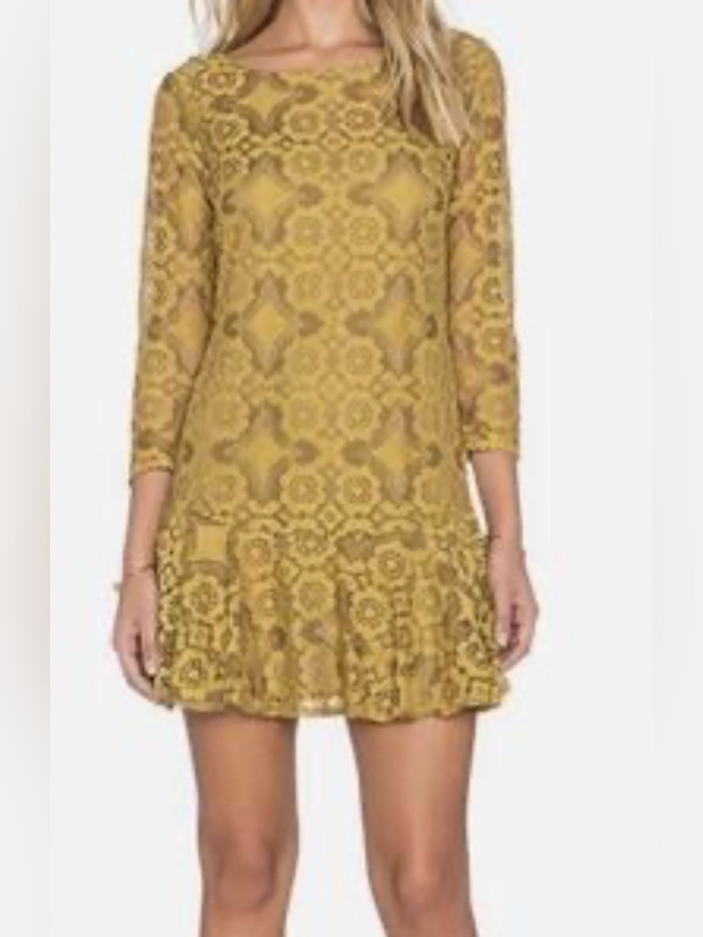 Free People Mustard Lace Floral Mini Dress